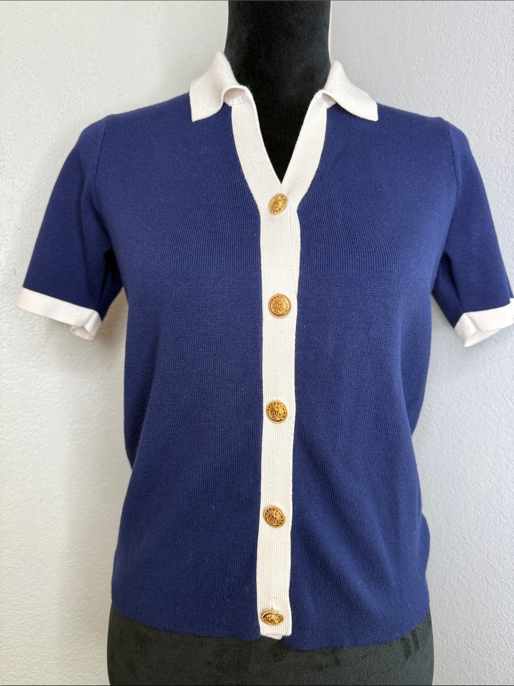 Carolyn Taylor Blue White Contrast Knit Polo Cardigan Gold Buttons Size Small